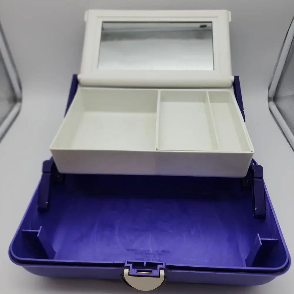 Vintage 90s Caboodles Makeup Case Purple Swirl Mirror Slide Out Trays 3 Tier USA